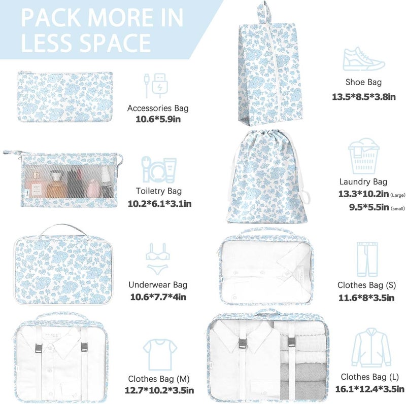 KPX 8 Set Packing Cubes for Travel, Luggage Packing Organizers Accessories Large Toiletries Bag for Clothes Shoes Cosmetics (Blue Flower) - Image 2